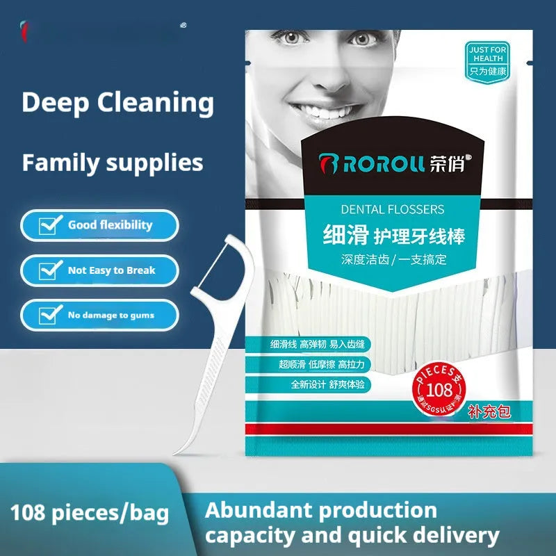Independently packaged dental floss in portable plastic bag with high tensile strength