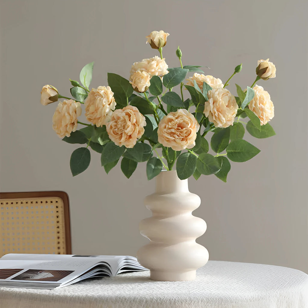 Three head artificial silk rose flower with baked edge petals in beige colour