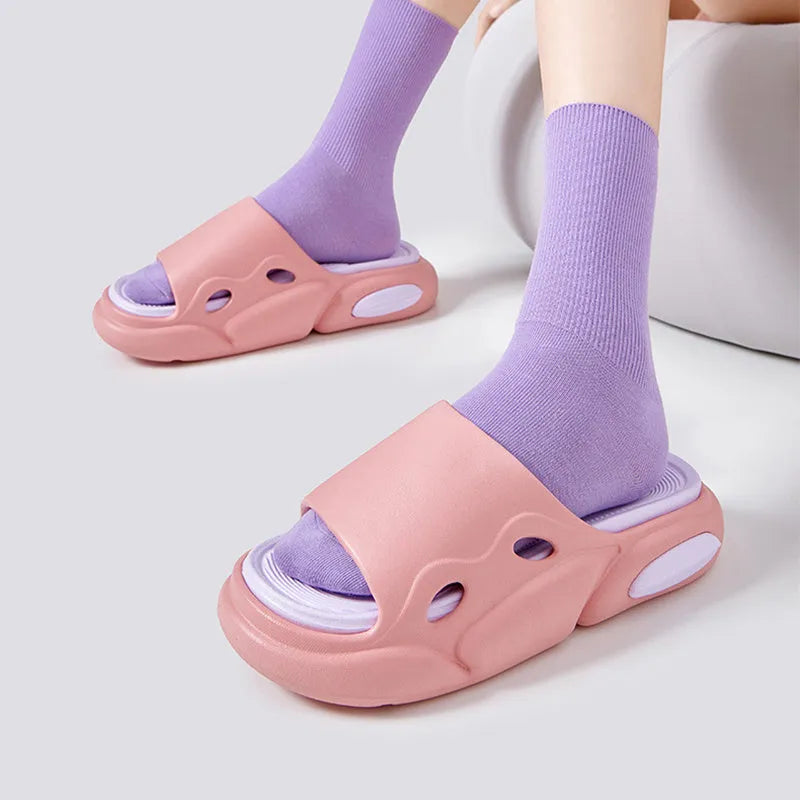 Women's thick-soled EVA couples slippers in two-colour designs with leather lining