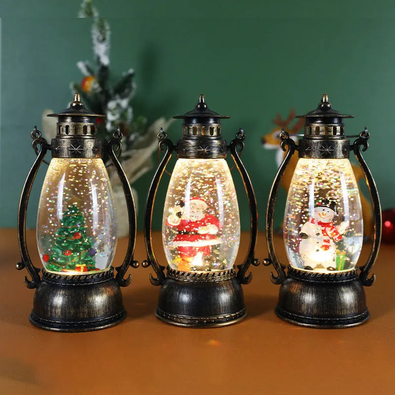 Plastic Christmas oil lamp desktop decoration with glowing crystal ball in snowman and elderly figure styles.