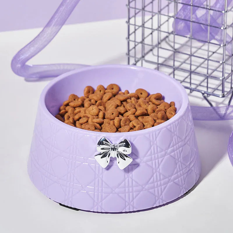 Bowknot pet feeding bowl with diamond pattern in multiple colour options