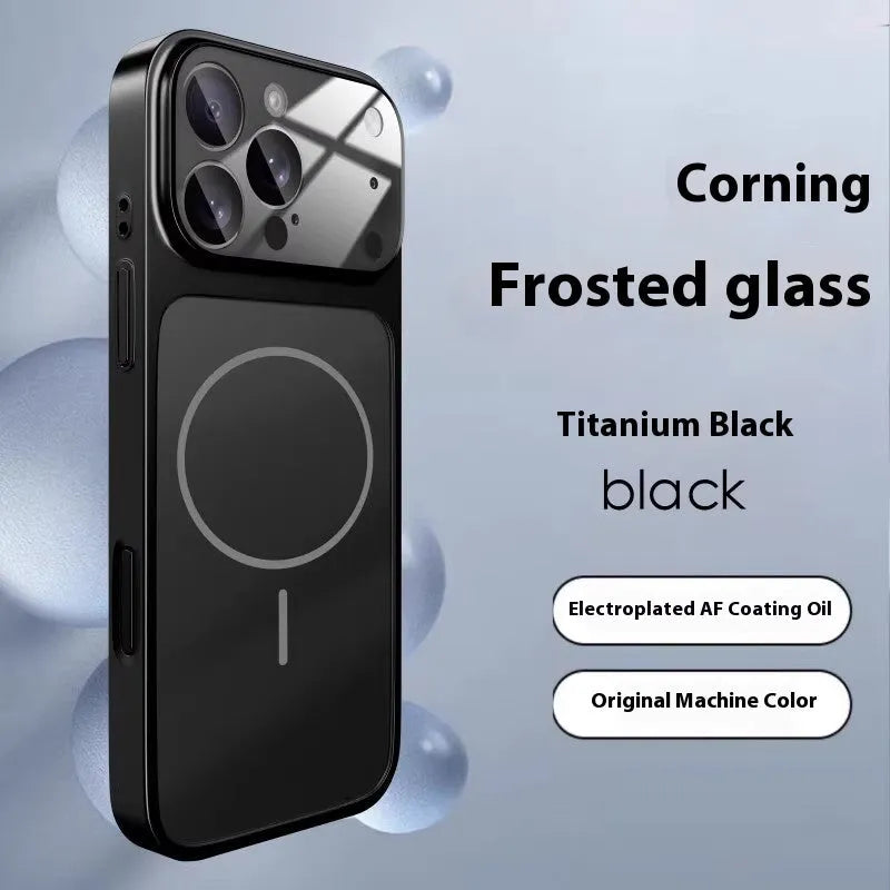 Frosted tempered glass magnetic iPhone case in titanium grey colour on iPhone 15 Pro