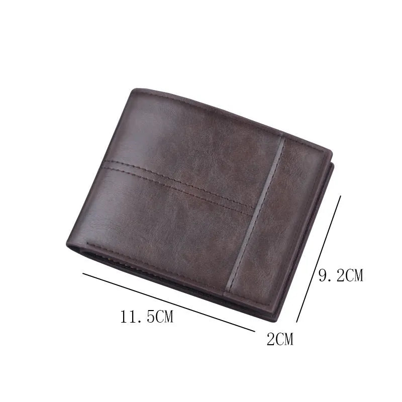 New men's short clip multifunctional coin purse in solid colour PU leather with stitched detailing, black colour option