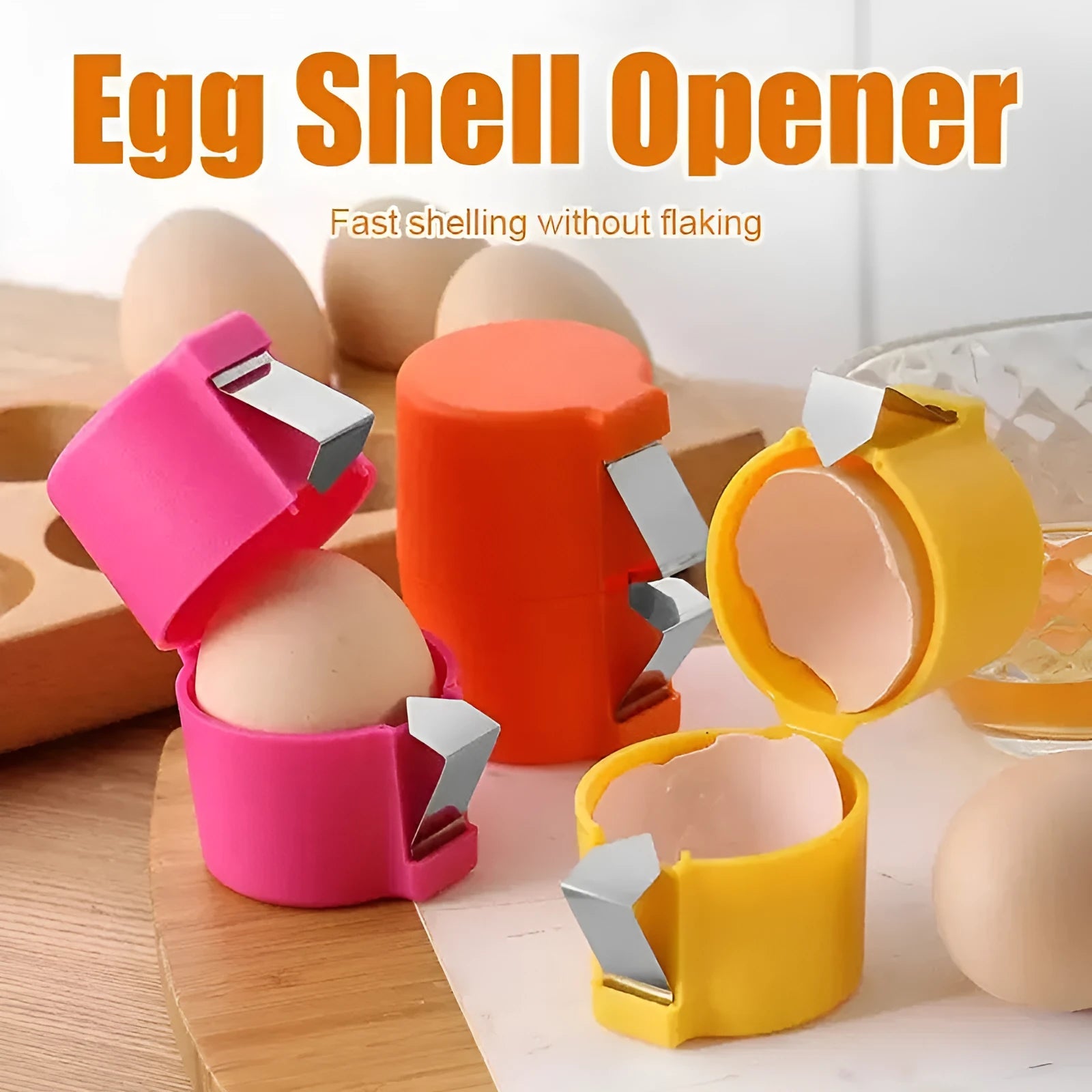 Kitchen egg shell opener and beater tool in orange red, pink or yellow colour weighing 35g