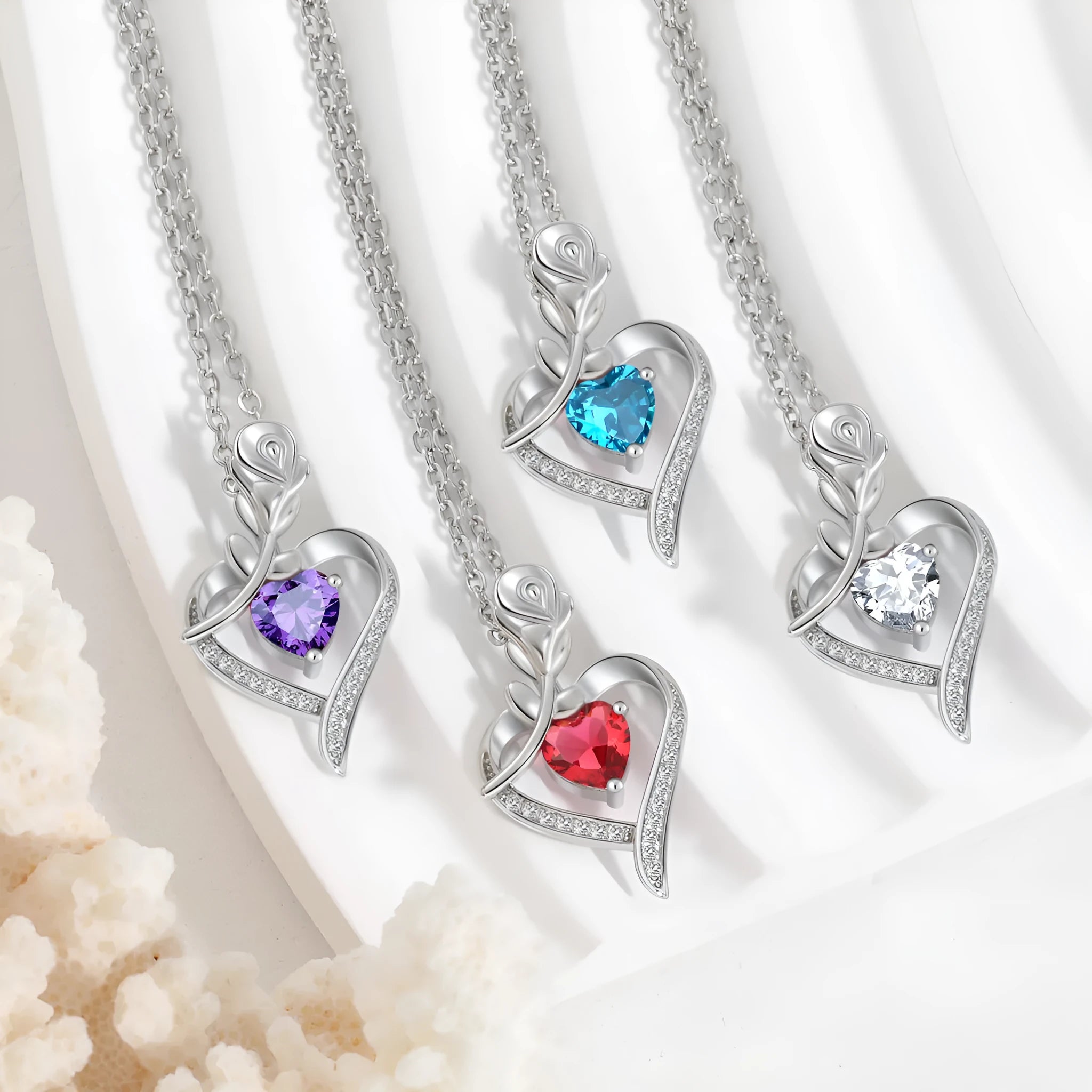 Rose heart-shaped necklace with rhinestones in copper electroplated finish, available in blue, purple, red, or white