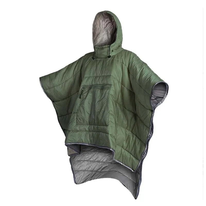 Grey adult outdoor cloak sleeping bag convertible to wearable camping cape with nylon fabric