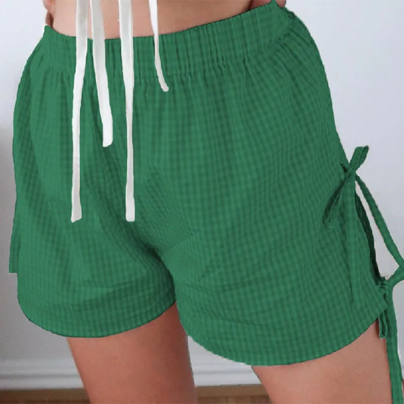 Loose plaid print shorts with lace-up design for women, Y2K summer style, elastic waistband