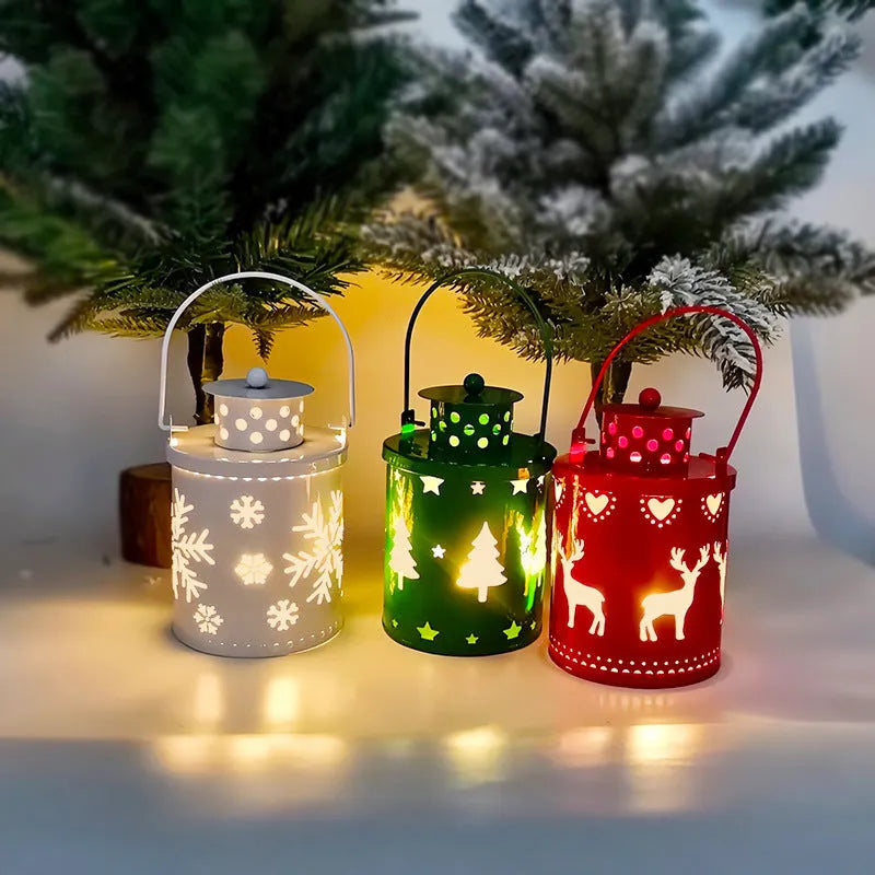 Wrought iron LED candle light in Nordic style for Christmas decoration, with flickering warm glow on a wooden mantel