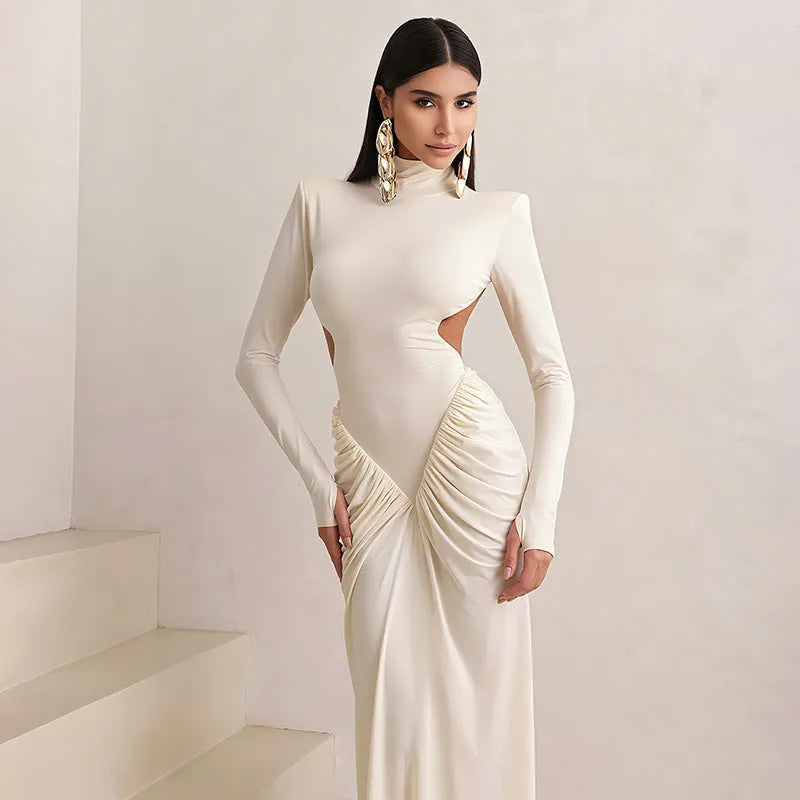 Women's long sleeve high collar backless pleated dress in slim fit with solid colour options