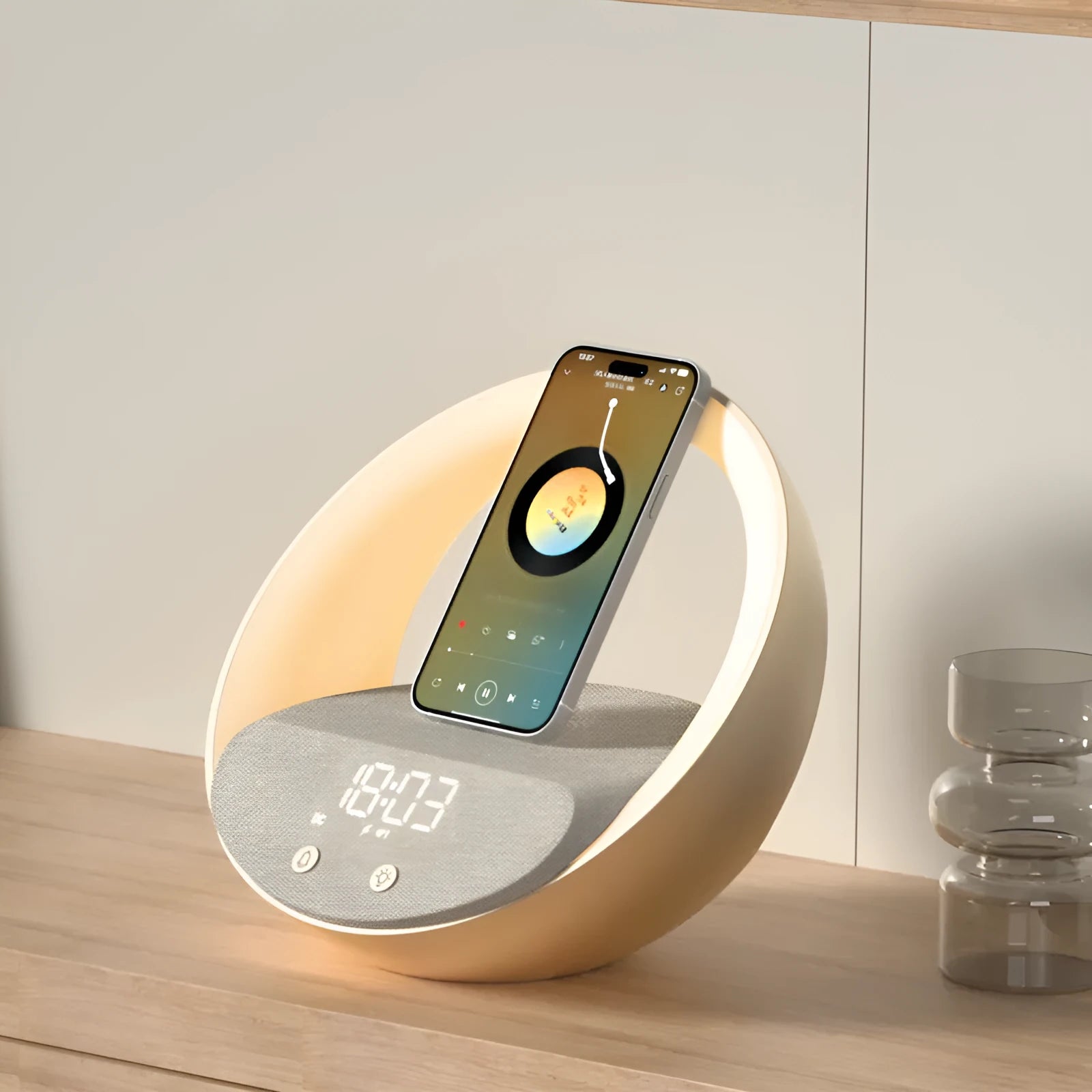 Beige multifunctional wireless charging clock with Bluetooth speaker and warm white LED wake-up light on a wooden table.