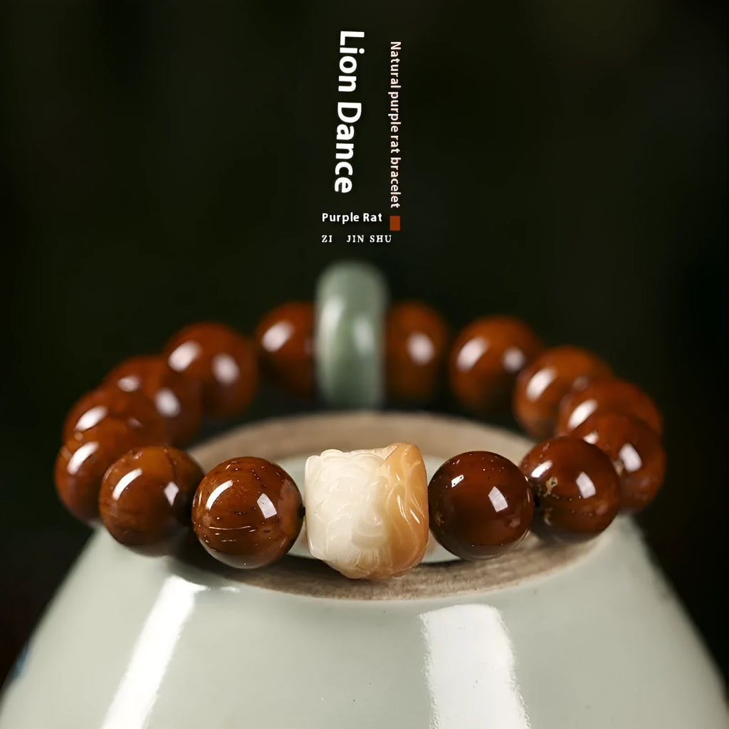 Hand-woven ivory nut lion round beads bracelet with 13mm beads and retro national style design