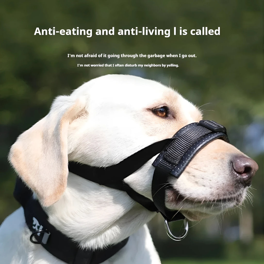 Adjustable soft foam dog muzzle with straps in black, side view, for anti-bite and anti-barking control in multiple sizes