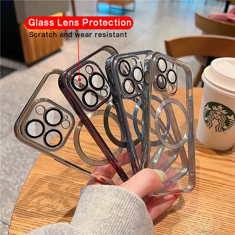 Transparent electroplated silicone iPhone case with built-in camera lens protector in multiple colour options.
