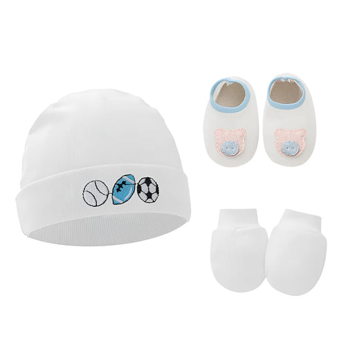 Cotton baby gloves and foot cover set in multiple colours including light blue, navy blue, pink, and camel