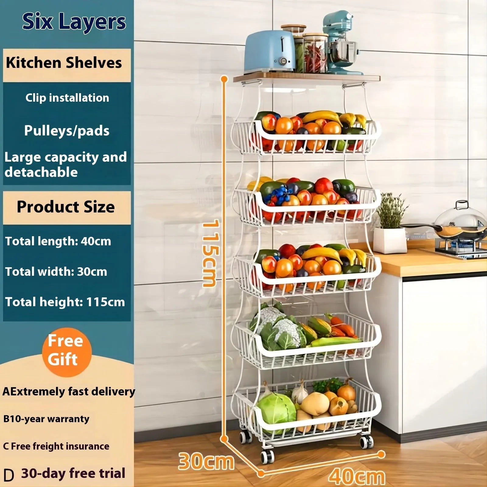 Black six layer freestanding foldable kitchen storage rack trolley with detachable shelves