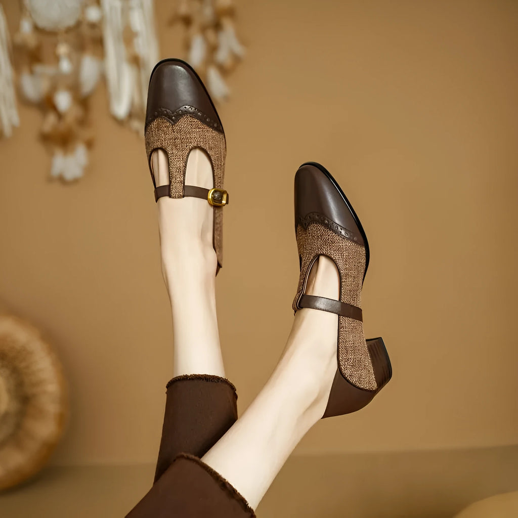 Women's Mary Jane pumps with low chunky heel, T-strap, black cowhide upper, round toe, sizes 34-40