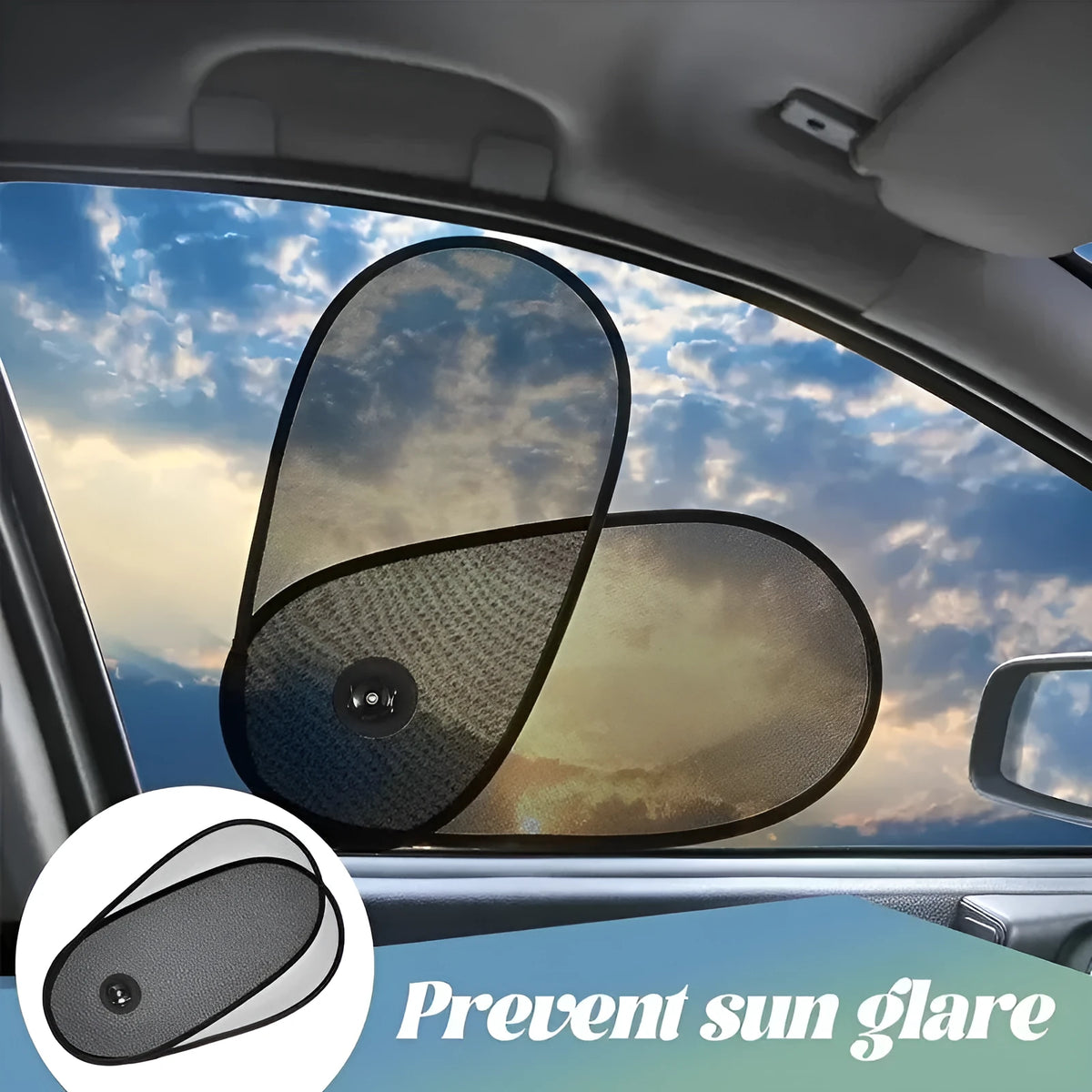 Black breathable car window shade with suction cups attached to a car side window for baby sun protection