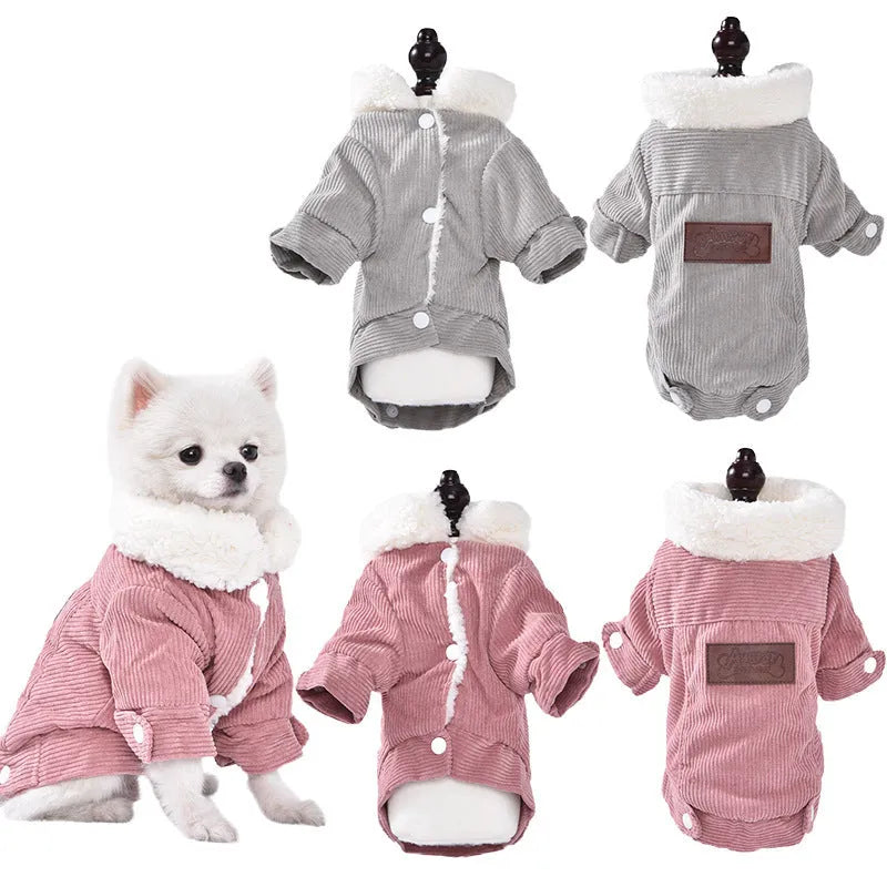 Grey lambswool dog vest with fleece lining for winter warmth, shown on a model dog.