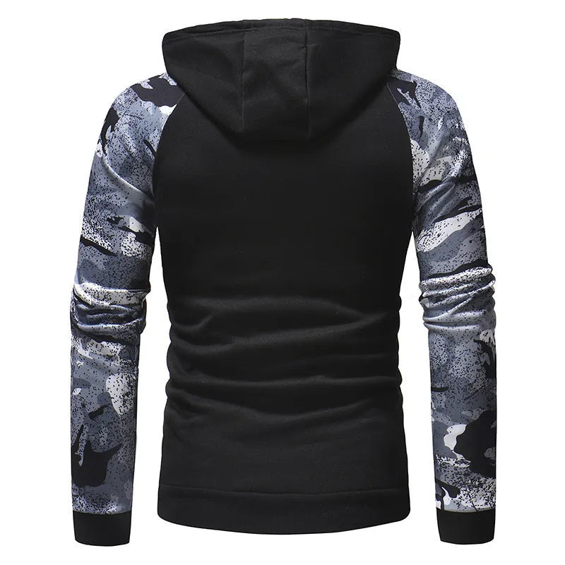 Mens long sleeve camouflage print hooded sweatshirt in polyester fibre, black colour, front view