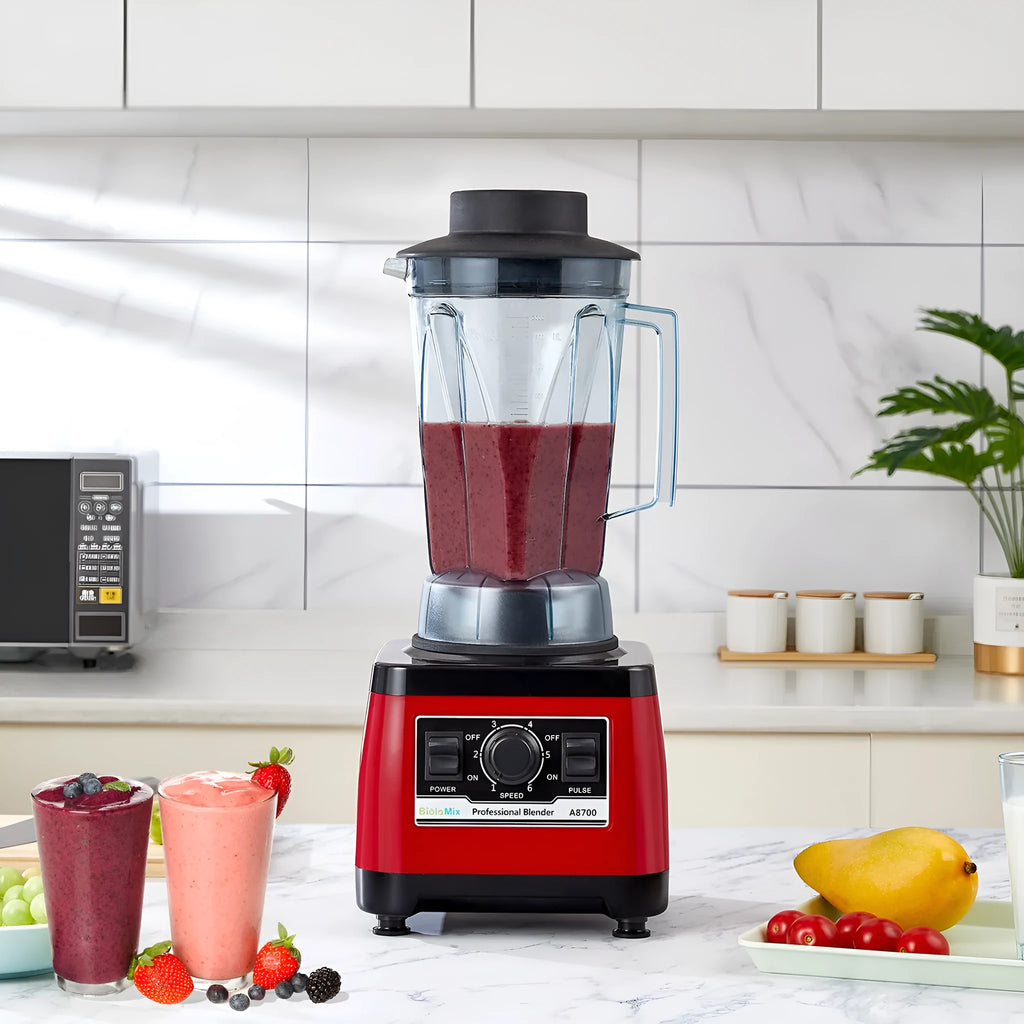 Red industrial style commercial blender with 2L jug and 2200W motor