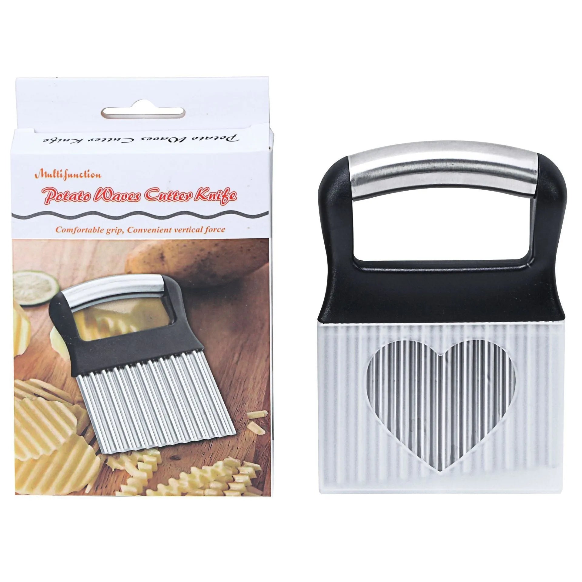 Stainless steel potato wave knife with wavy blade on a kitchen counter.