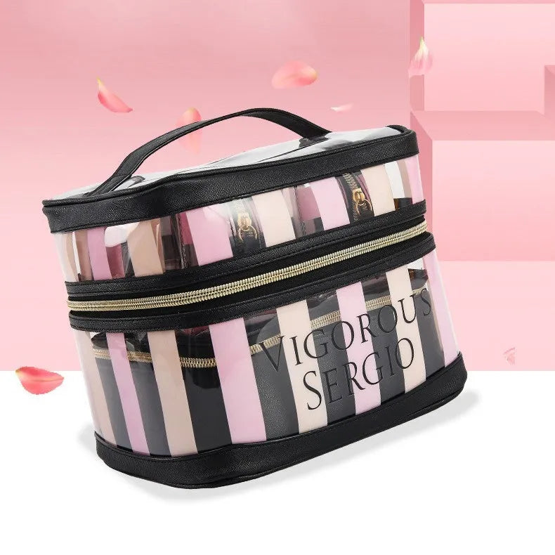 Pink bold stripe floral pattern makeup bag with folding design and waterproof synthetic leather