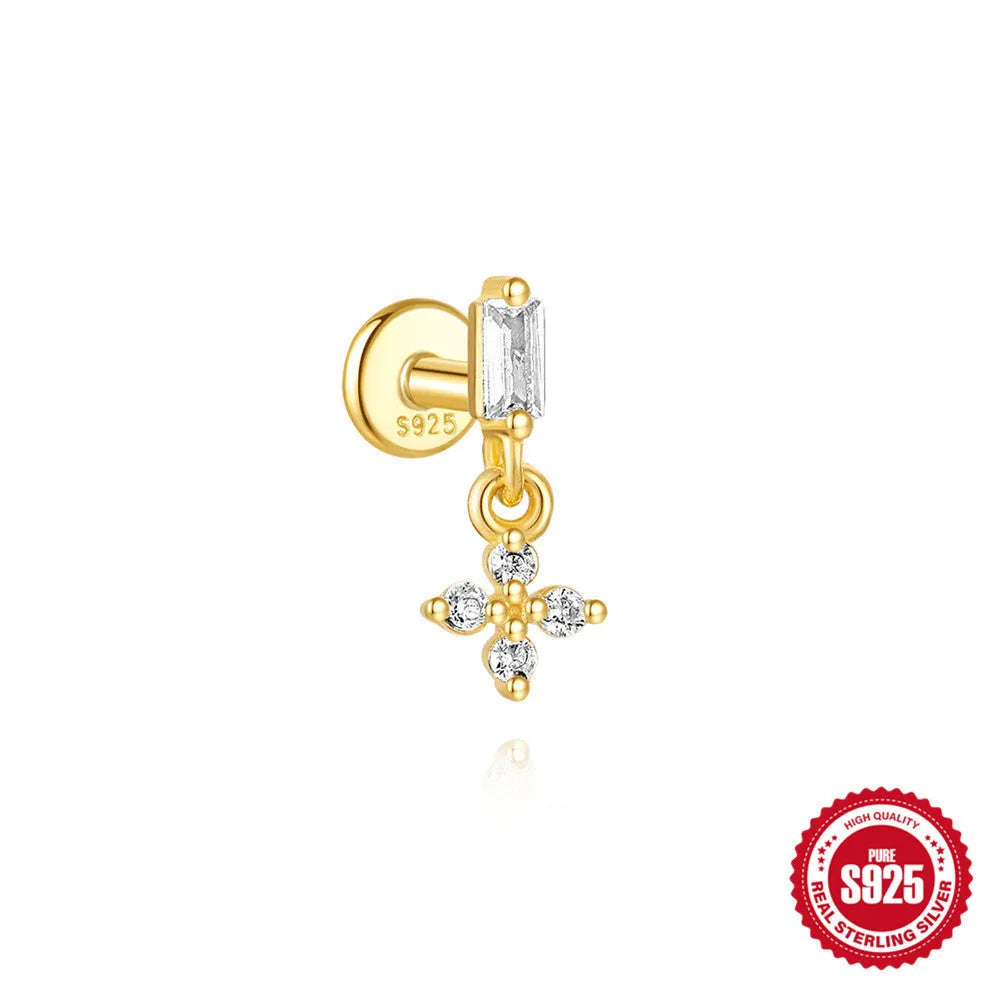 S925 sterling silver water drop shaped earrings with a flat spiral geometric design on a white background.