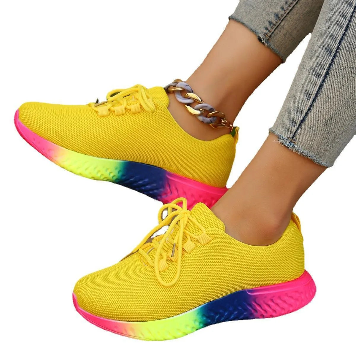 Women's plus size rainbow pumps, flat heel, low top, front lace-up, yellow black white, sizes 36-43
