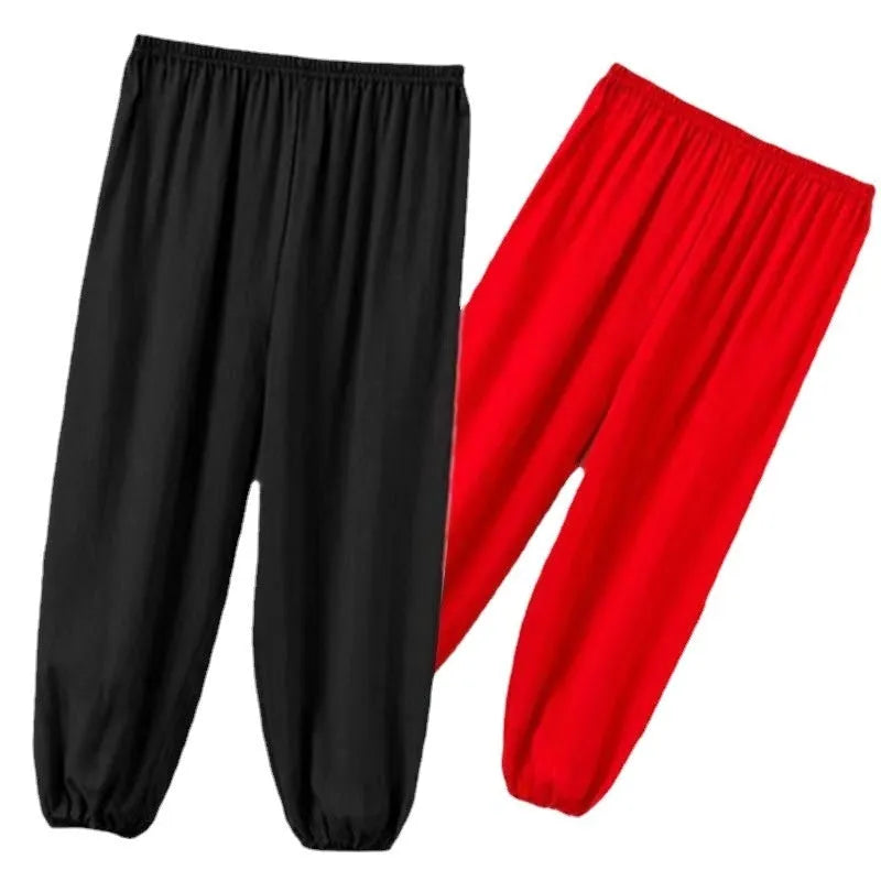 Children's black high elasticity Sanda practice pants made from Lycra fabric for martial arts training.