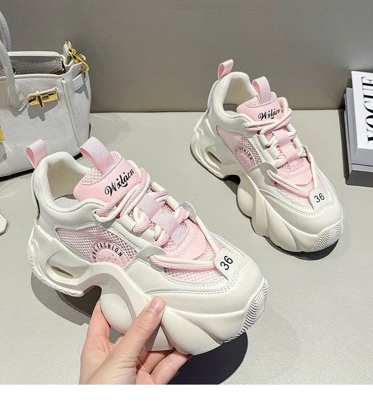 Women's casual sneakers with thick sole and cross straps in pink, black and beige options