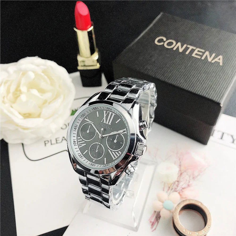Women's silver and gold diamond quartz watch with mesh metal strap
