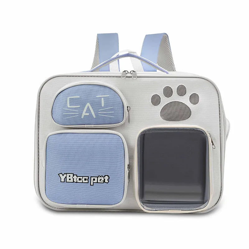 Portable cat and dog one shoulder messenger bag in blue nylon with cartoon pattern for outdoor use