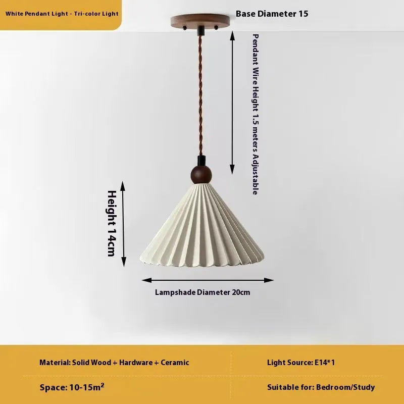 Retro walnut ceramic bedside droplight with solid wood hardware and white chandelier shade
