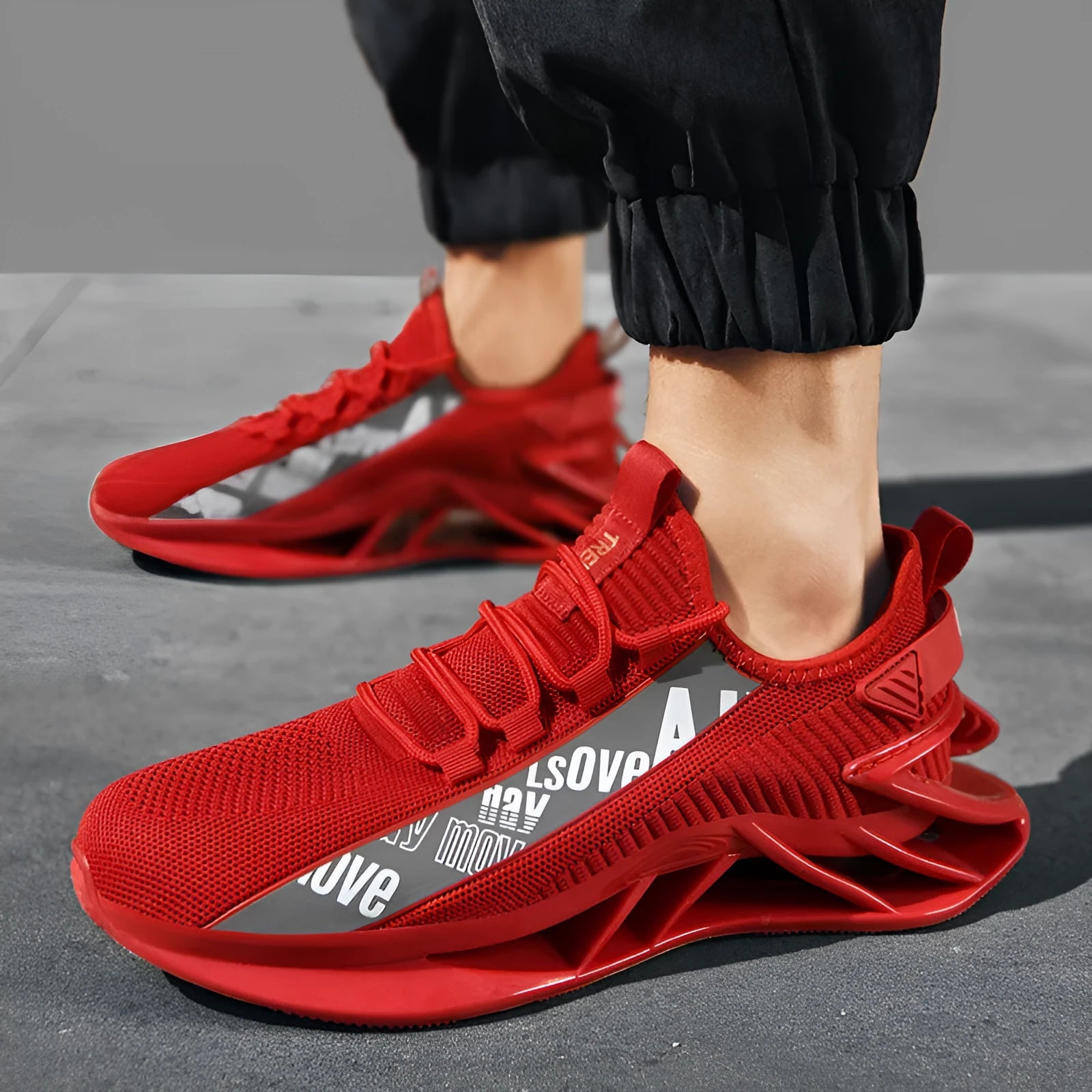 Men's casual exercise shoes with fly woven mesh upper in black, red, white, or blue