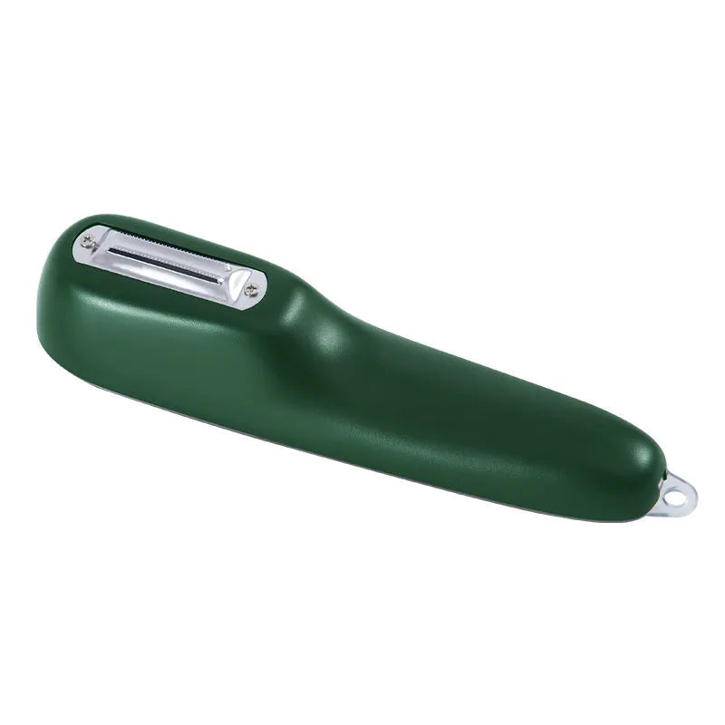 Dark green kitchen peeler with storage tube showing stainless steel blade and hanging hole on handle