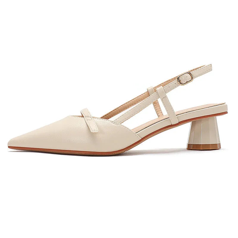 Women's chunky heel pointed sandals in beige with leather-look stitching and rubber sole