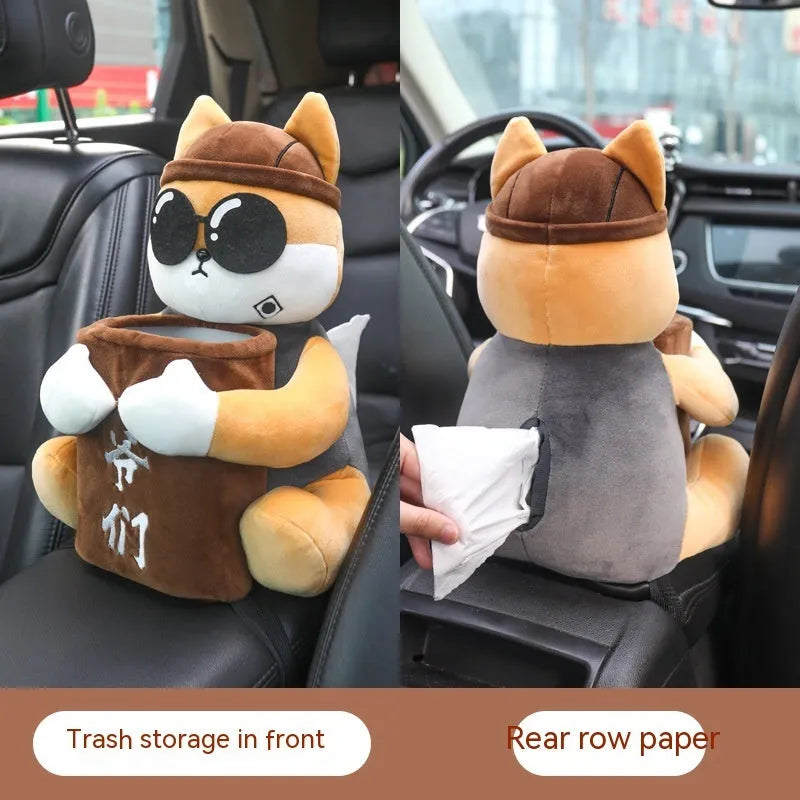 Plush car tissue box hanging on vehicle armrest with character design options