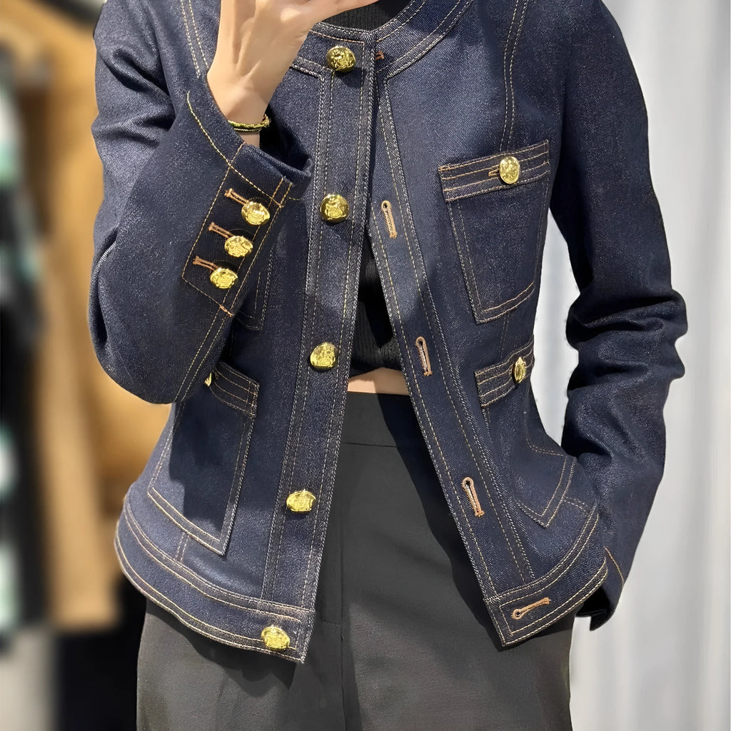 Dark blue sleeveless denim short coat for women in chenille fabric with spandex stretch, early autumn style