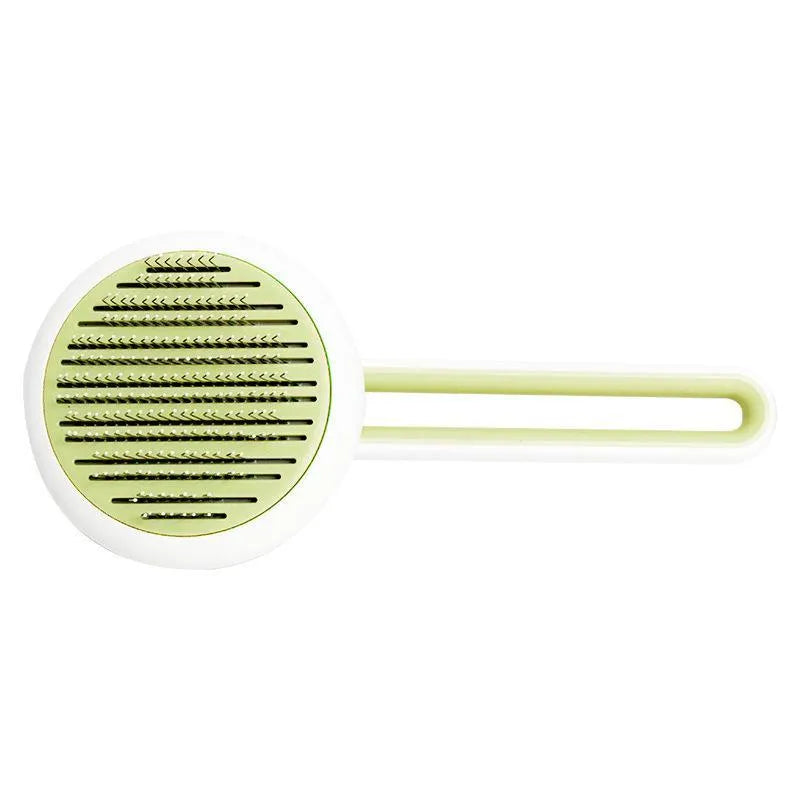 Blue automatic pet hair remover comb with stainless steel teeth and a button on the handle.