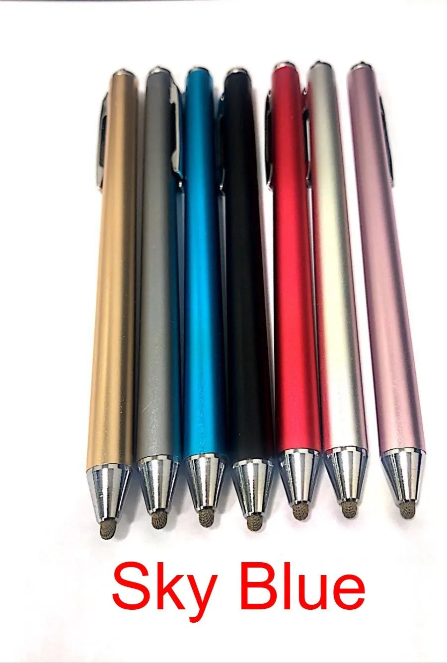 Metal capacitive stylus pen in seven colour options: black, silver, red, sky blue, gold, pink, and grey.