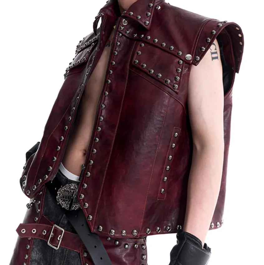 Red leather rivets vest coat with lapel collar and matching pants, Korean-style heavy industry design for men
