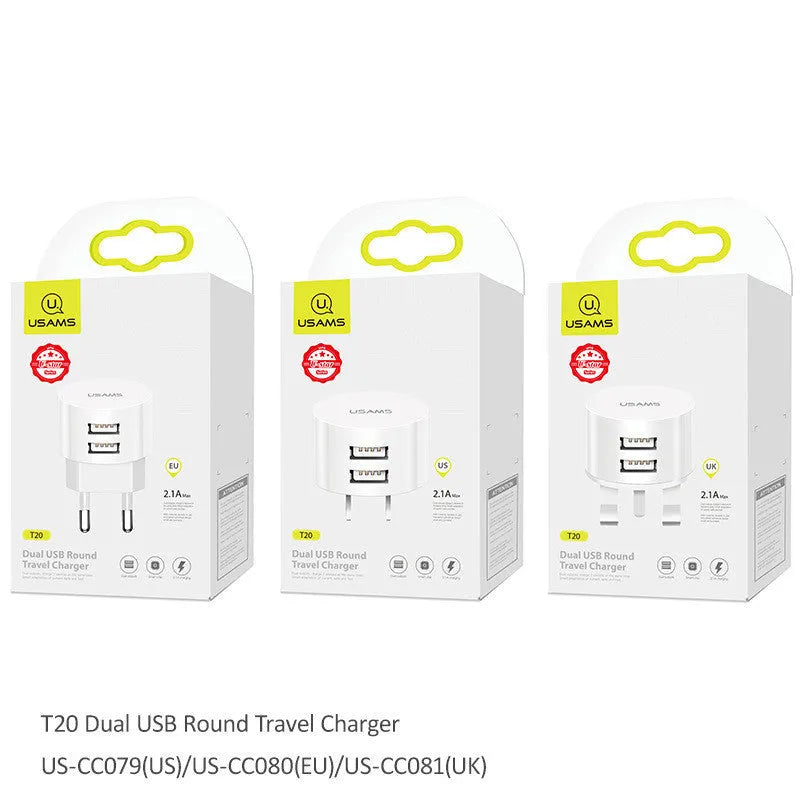 White portable universal dual USB phone charger showing US, EU and UK plug compatibility