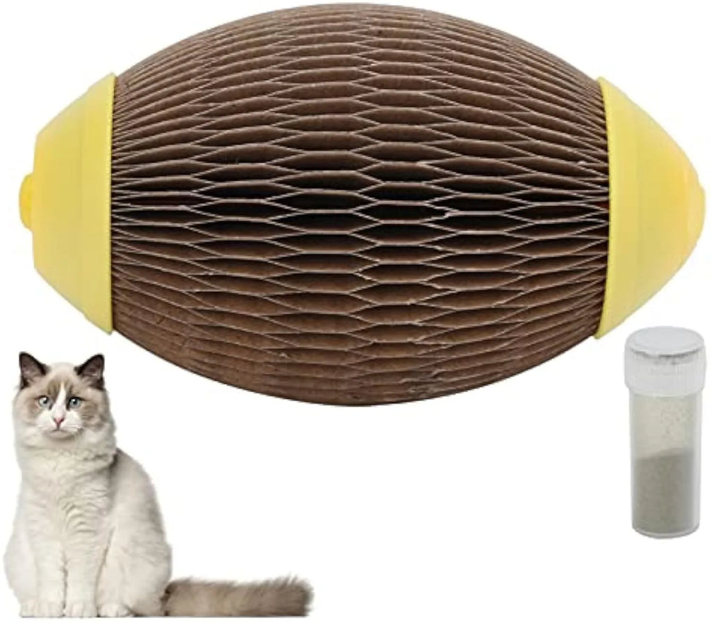 Elliptical corrugated paper catnip ball toy for scratching and play, measuring 65mm by 108mm