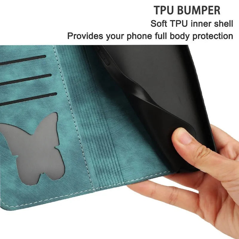 Butterfly cat embossed imitation leather phone case in purple with magnetic bracket for iPhone 14