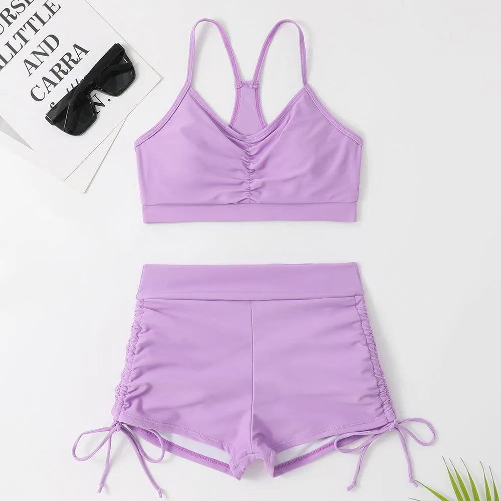 Women's high waist split swimsuit in black or violet with two-piece bikini design for swimming and surfing