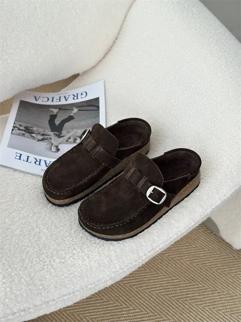 Unisex lazy mule slippers in antelope brown with cow suede upper and cork sole, side view