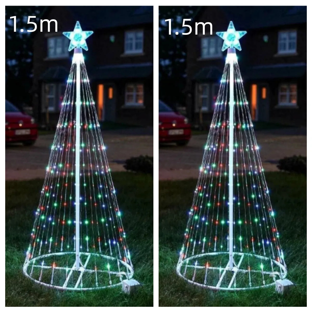 Multi colour LED animated outdoor Christmas tree lights showing 200 warm white lamps on 1.5m or 2m frame