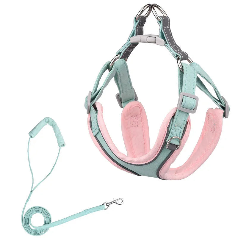 Adjustable suede dog harness and leash in blue yellow colour for small to large dogs