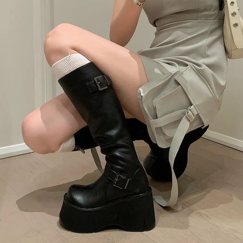 Black artificial PU women's tall knight boots with chunky heel and front lace-up stitching details round toe