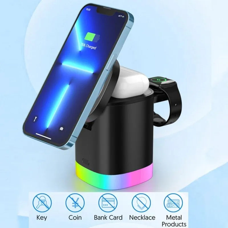 Black foldable 3-in-1 magnetic wireless charging station showing phone, watch and earbuds charging with RGB light on.
